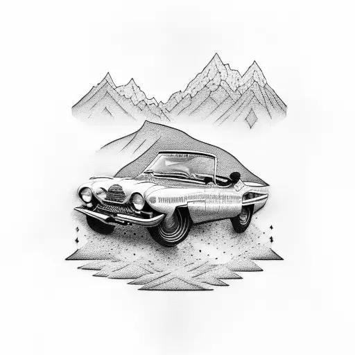A Tattoo Of A Vintage Car Driving Through A Scenic Mountain Road