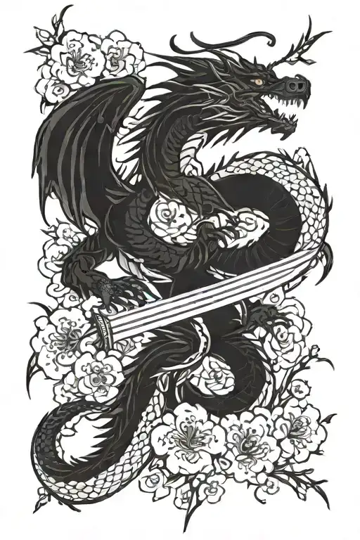 Dragon With A Sword And Cherry Blossoms