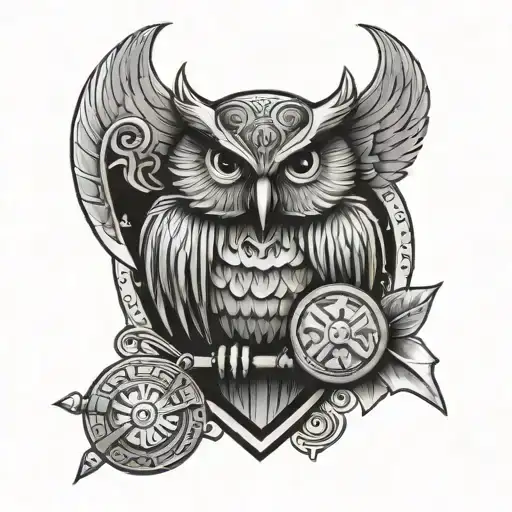 Owl Perched On A Shield With Viking Symbols And Weapons In The Background