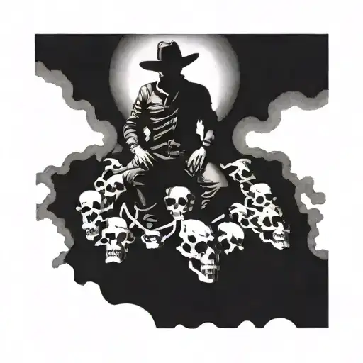 A Blackwork Tattoo Of A Cowboy Silhouette Standing On A Pile Of Skulls