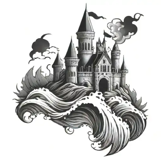 Dark Castle With Blasting Waves