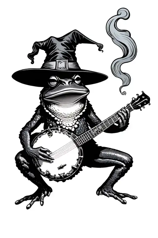 Cryptid Frog With Banjo And Wizard Hat Smoking