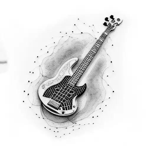 A Blackwork Tattoo Of An Electric Bass Guitar With Intricate Details