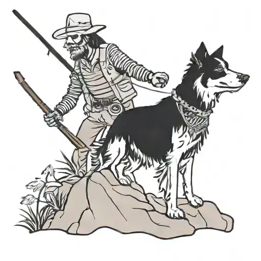 Collie And Fly Fisherman Skeleton In Mountains