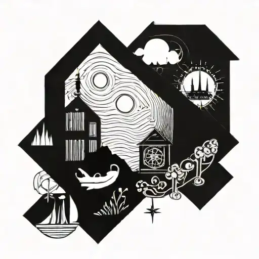 A Geometric Design Incorporating Elements Of House Music And Travel Symbols