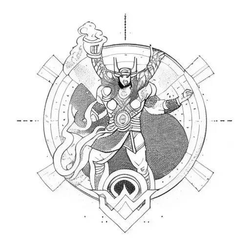 A Cosmic Battle Scene Between Thor And Loki In A Blackwork Style