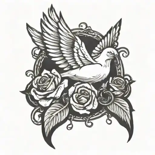Dove With A Rose In Its Mouth In A Downward Dive With Chains On Its Wings