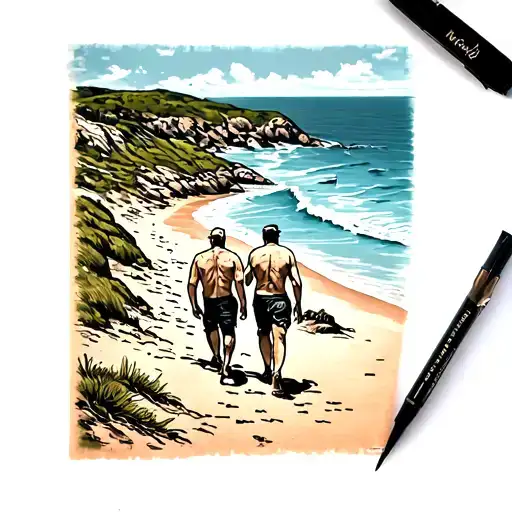 A Tattoo Of A Scenic View Of Stintino Beach In Sardinia With Me And My Dad Walking