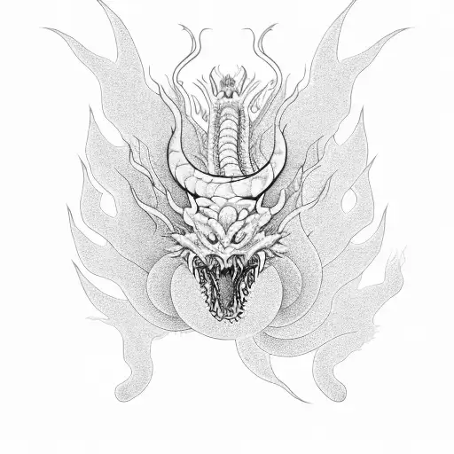 Create A Black-grey Tattoo Featuring A Chinese Dragon And Organic Elements