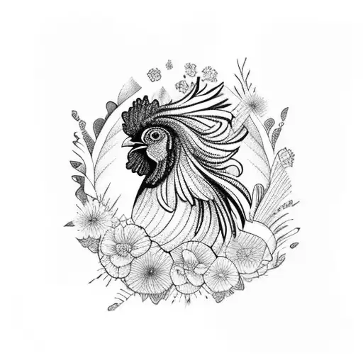 A Cocky Rooster With Vibrant Feathers Standing Proudly In A Field Of Flowers