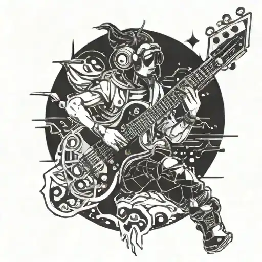 A Cyberpunk Anime Character Playing A Guitar On A Digital Beach Background