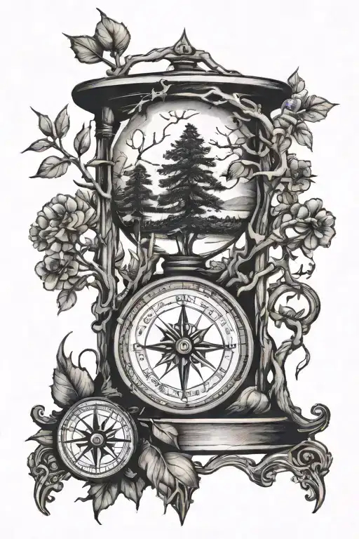 A Tree And A Compass In The Middle Of An Hourglass