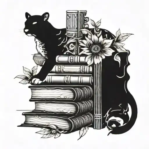 An Intricate Bookshelf With A Jaguar Peeking Out And A Sunflower Growing From One Of The Books