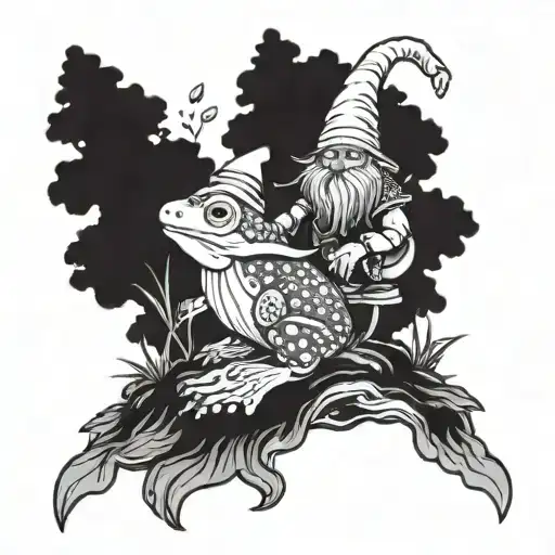 Mystical Forest Scene Featuring A Whimsical Gnome Riding A Frog