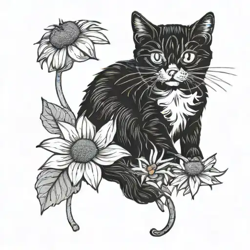 Black Sad Cat And Camomile