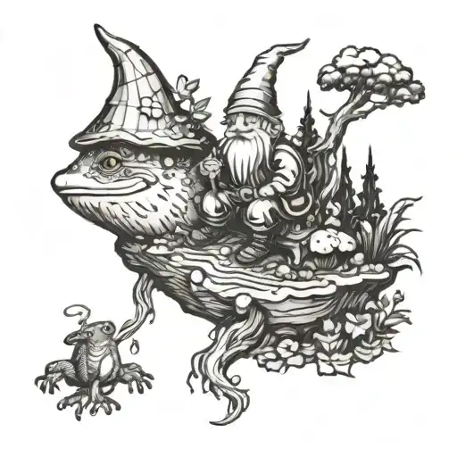 Mystical Forest Scene Featuring A Whimsical Gnome Riding A Frog