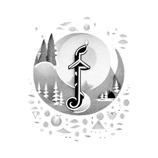 A Blackwork Tattoo Of A Pop Music Note Surrounded By A Forest And Ocean Scenery