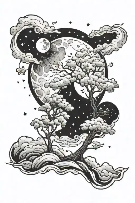 Trees And Clouds And Stars With The Moon