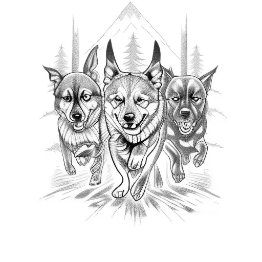 A Pack Of Dogs Running Through A Mystical Forest