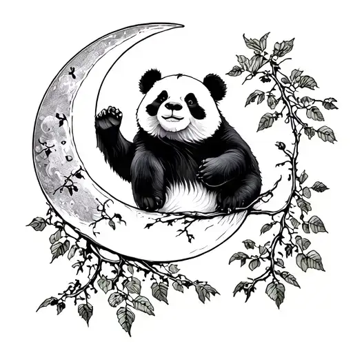 Panda Seen From Back On A Crescent Moon With Brambles