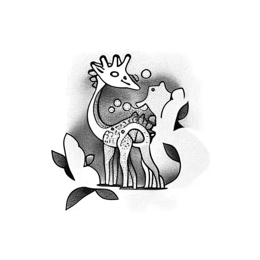 Baby Giraffe Playing With A Baby Stegosaurus