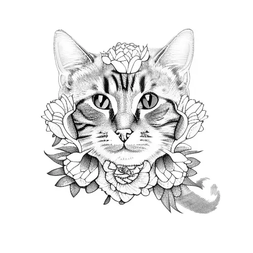 Cat With Peony In Rhombus