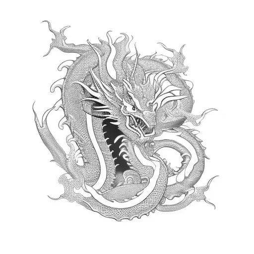 A Detailed Blackwork Tattoo Of A Dragon Curled Around A Famous Asian Tourist Spot