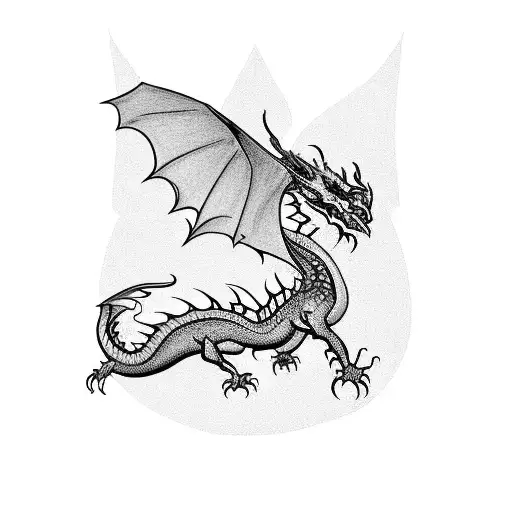 A Blackwork Tattoo Of A Dragon Flying Over A Famous Architectural Landmark