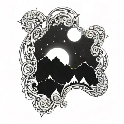 A Swirl Of Stars And A Moon And A Mountain Range