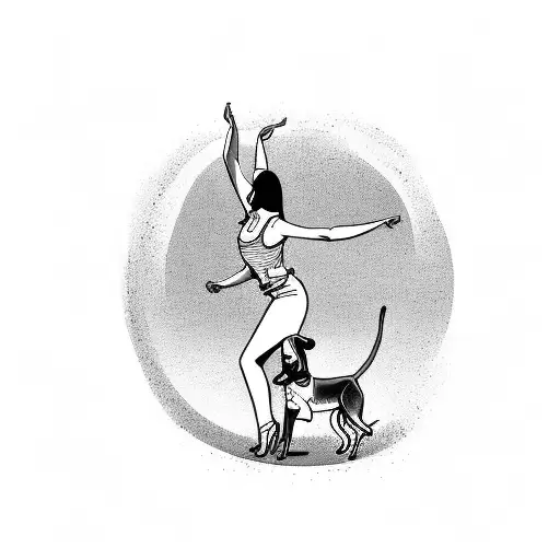 A Minimalist Tattoo Of A Woman Dancing With Her Dog In A Peaceful Forest