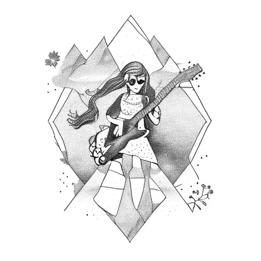 A Rebellious Rock Girl With A Guitar And Wildflowers