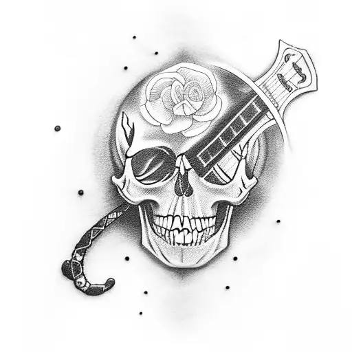 A Guitar With Intricate Blackwork Details And A Skull Incorporated Into The Design