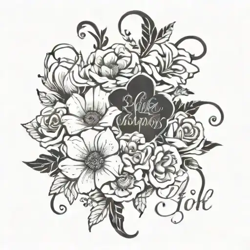 A Beautiful Bouquet Of Flowers Intertwined With Ellie's Children's Names In Elegant Script