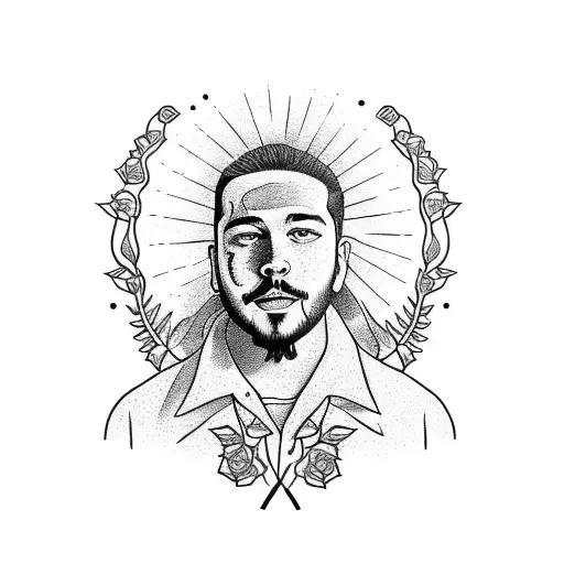 A Portrait Of Post Malone Surrounded By Roses And Swords