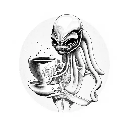 Alien Holding A Steaming Cup Of Indie Alternative Coffee