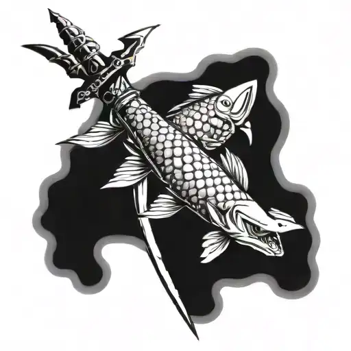 Two Angry Fishes On The Sword Pierced