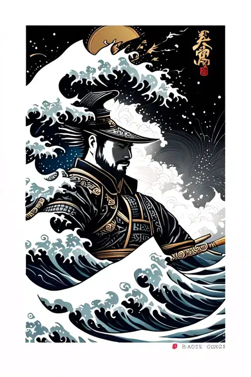 Japanese Waves With Samurai Warrior