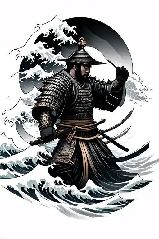 Japanese Waves With Samurai Warrior Black And Black