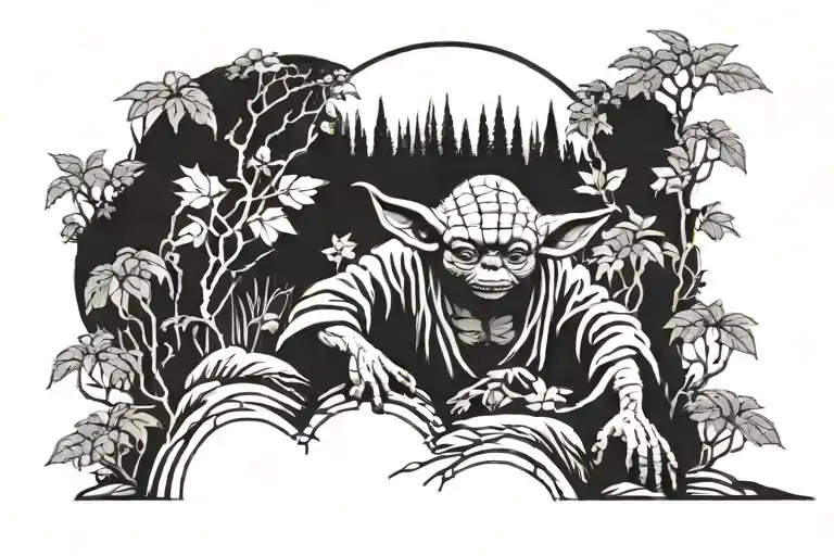 Powerful Yoda Sitting On A Brain Surrounded By Nature