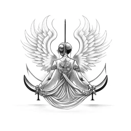 An Angel Holding An Old Balance Scale And A Sword