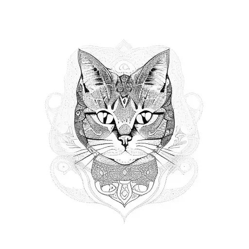 A Blackwork Design Of A Cat Surrounded By Intricate Patterns Inspired By Nature