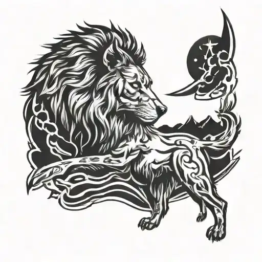 Lion And Wolf Howling At The Moon