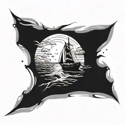 Boat In Water With A Ray Of Light Shining Down On Boat And People On Boat With Clouds