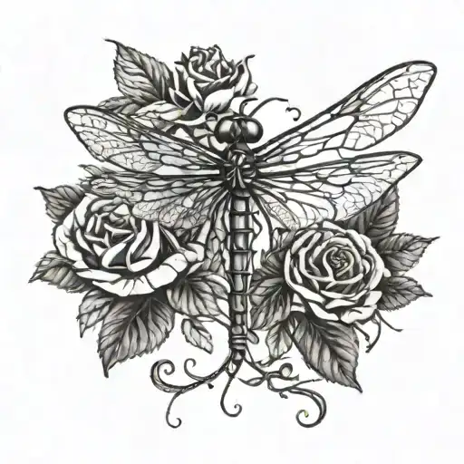 A Detailed Blackwork Tattoo Of A Dragonfly Surrounded By Roses And Vines