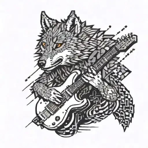 A Wolf Playing An Electric Guitar In A Pixelated Gaming World