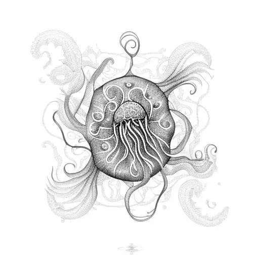 An Intricate Blackwork Design Of A Jellyfish Swimming In The Ocean Waves