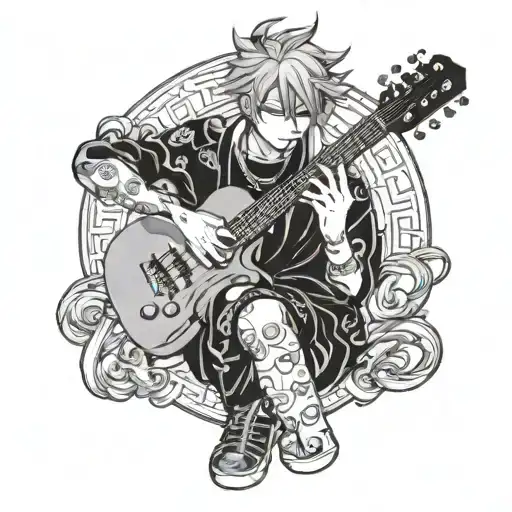 Anime Character With Piercings Playing A Guitar In A Blackwork Style