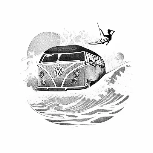 A Blackwork Tattoo Of A Surfer Riding A Wave With A Vw Bus Parked On The Beach In The Background