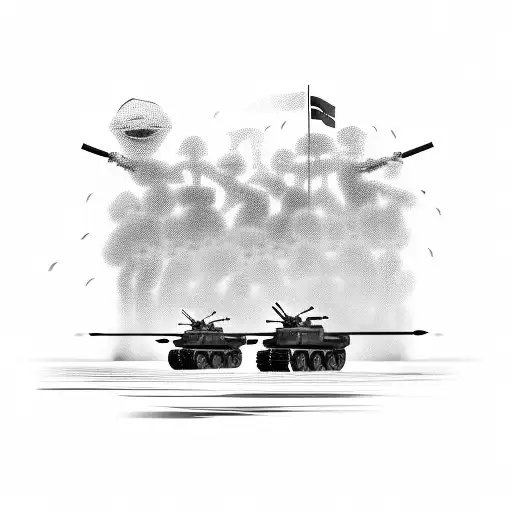 A Football Field With Army Tanks As Goal Posts And Soldiers Playing