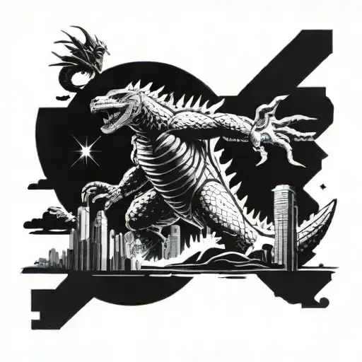 Godzilla Battling A Space Monster In A Futuristic Cityscape